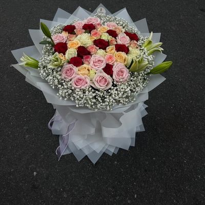 The Grand Symphony – 50 Premium Mixed Roses & 5 stem Lily Luxury Bouquet