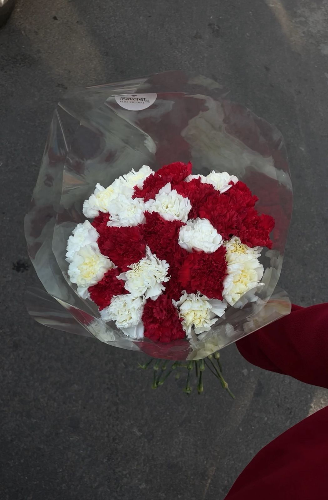 25 premium, farm-fresh red and white carnation stems. For maximum longevity, replace the water and give the stems a fresh trim every 48 to 72 hours.