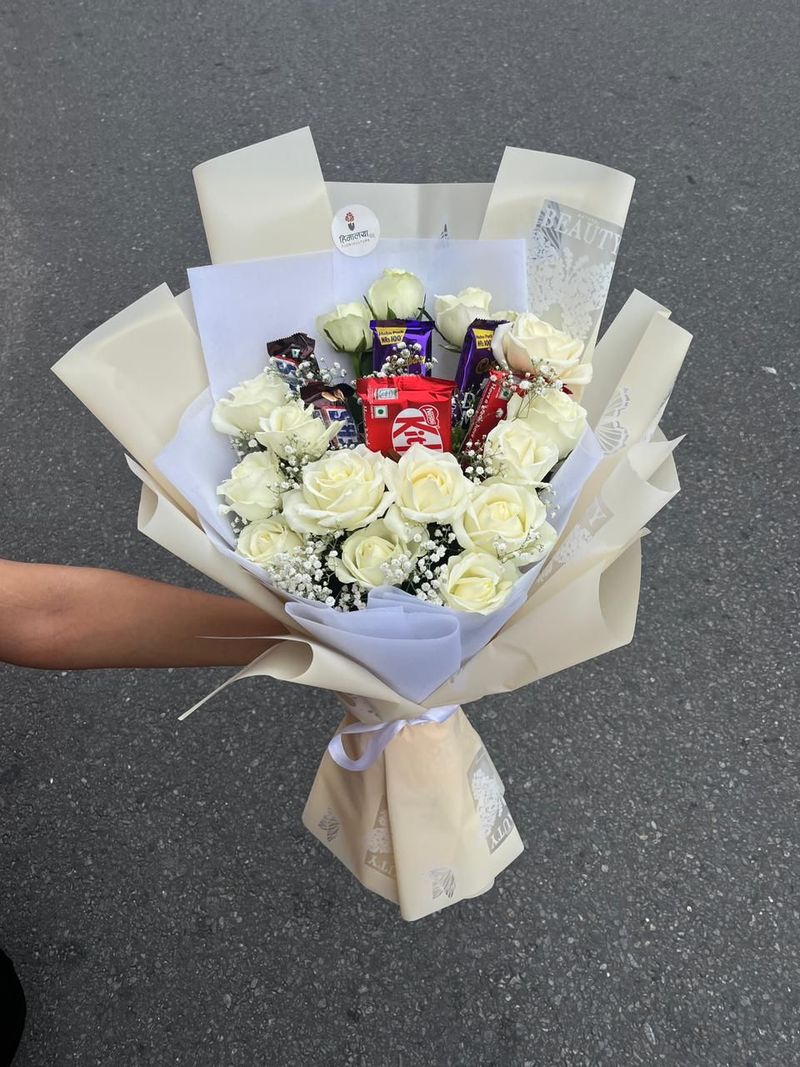 15-Stem White Rose Bouquet with Assorted Chocolates Combo