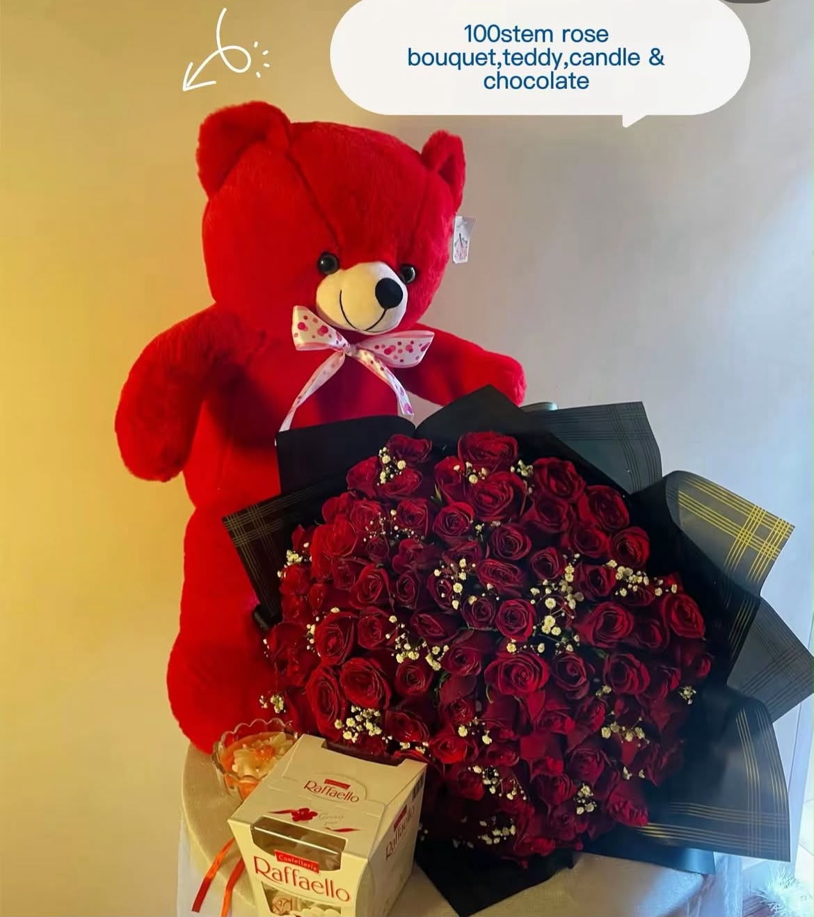 Rose size, bloom stage, and shades may vary slightly as flowers are natural products. Teddy design, candle style, wrapping, and chocolate box packaging may also vary depending on availability while maintaining the overall quality and premium presentation of the combo. Chocolates are packed carefully to maintain freshness; please keep them away from direct sunlight and excessive heat.