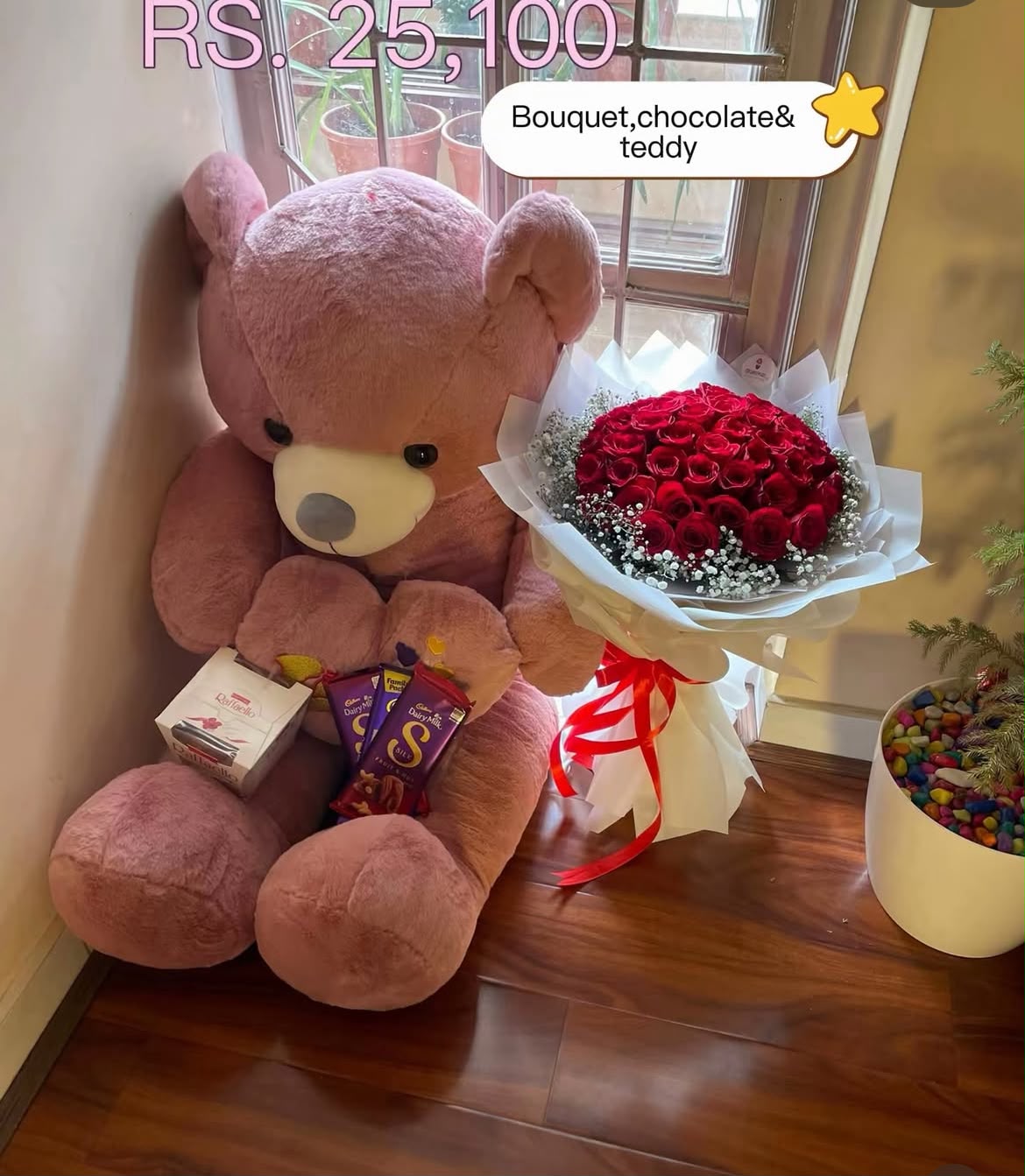Rose size, bloom stage, and shades may vary slightly as flowers are natural products. Teddy design, bouquet wrapping style, and chocolate packaging may also vary depending on availability while maintaining the overall quality and premium presentation of the combo. Chocolates are packed carefully to maintain freshness; please keep them away from direct sunlight and excessive heat.