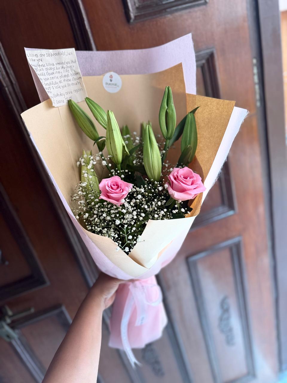 As flowers are natural products, the size, bloom stage, and flower shades may vary slightly depending on seasonal availability. The gypsy fillers and pink butterfly wrapping style may also vary while maintaining the bouquet's premium appearance and overall elegance. To keep your bouquet fresh for longer, place the flowers in clean water, trim the stems at an angle, and keep them away from direct sunlight and excessive heat.