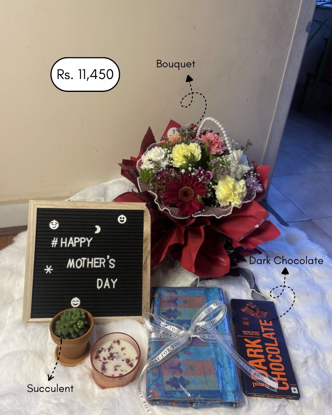 Flower varieties, bouquet design, succulent type, pashmina shawl color, candle style, and chocolate packaging may vary slightly depending on availability while maintaining the overall quality, presentation, and value of the combo. Each item is carefully selected and packed to ensure a beautiful gifting experience for Mother's Day.