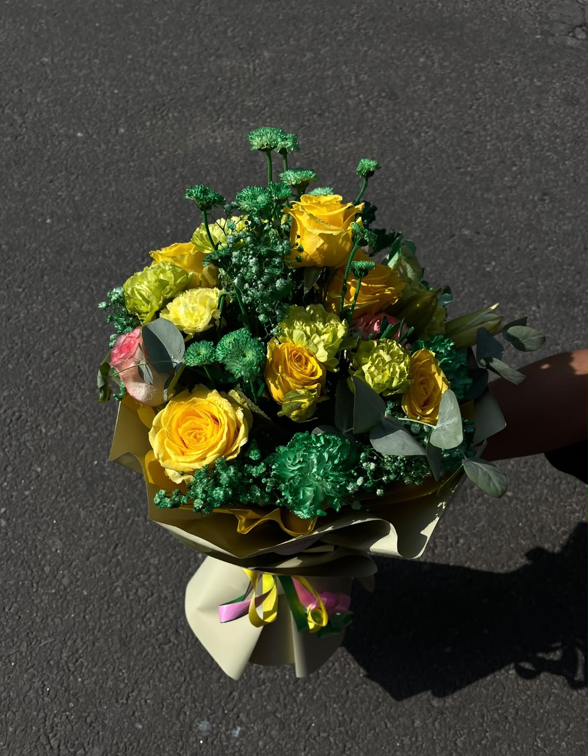 Flower varieties, colors, and shades may vary depending on seasonal availability and stock. Yellow carnations may be replaced with yellow gerberas if unavailable. The final bouquet may differ slightly from the displayed image while maintaining the same freshness, quality, and premium presentation.