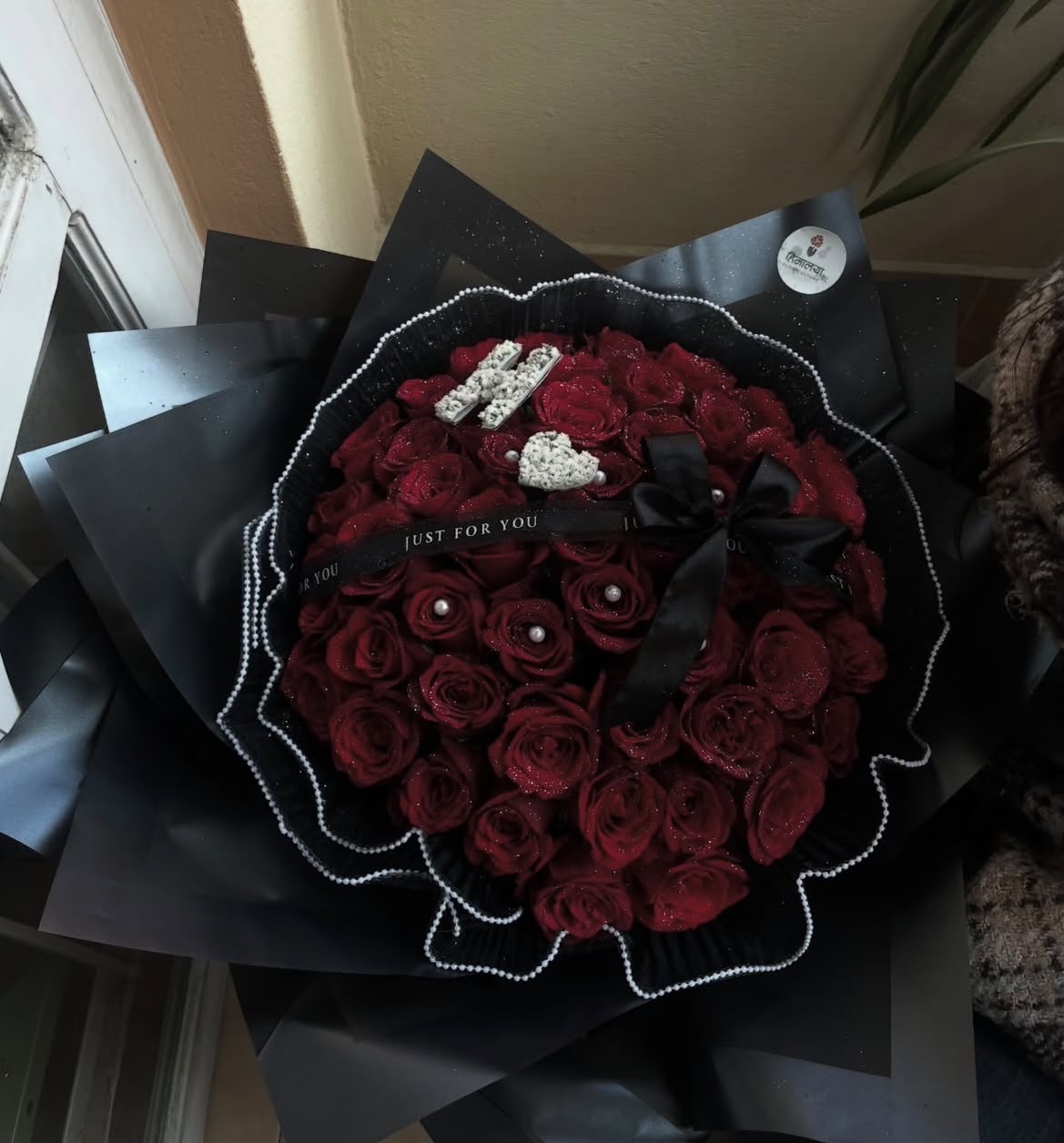 Customization details such as alphabet letters or heart designs should be mentioned at the time of ordering. Rose arrangement style, glitter finish, and wrapping details may vary slightly depending on availability while maintaining the overall luxury appearance and quality of the bouquet.