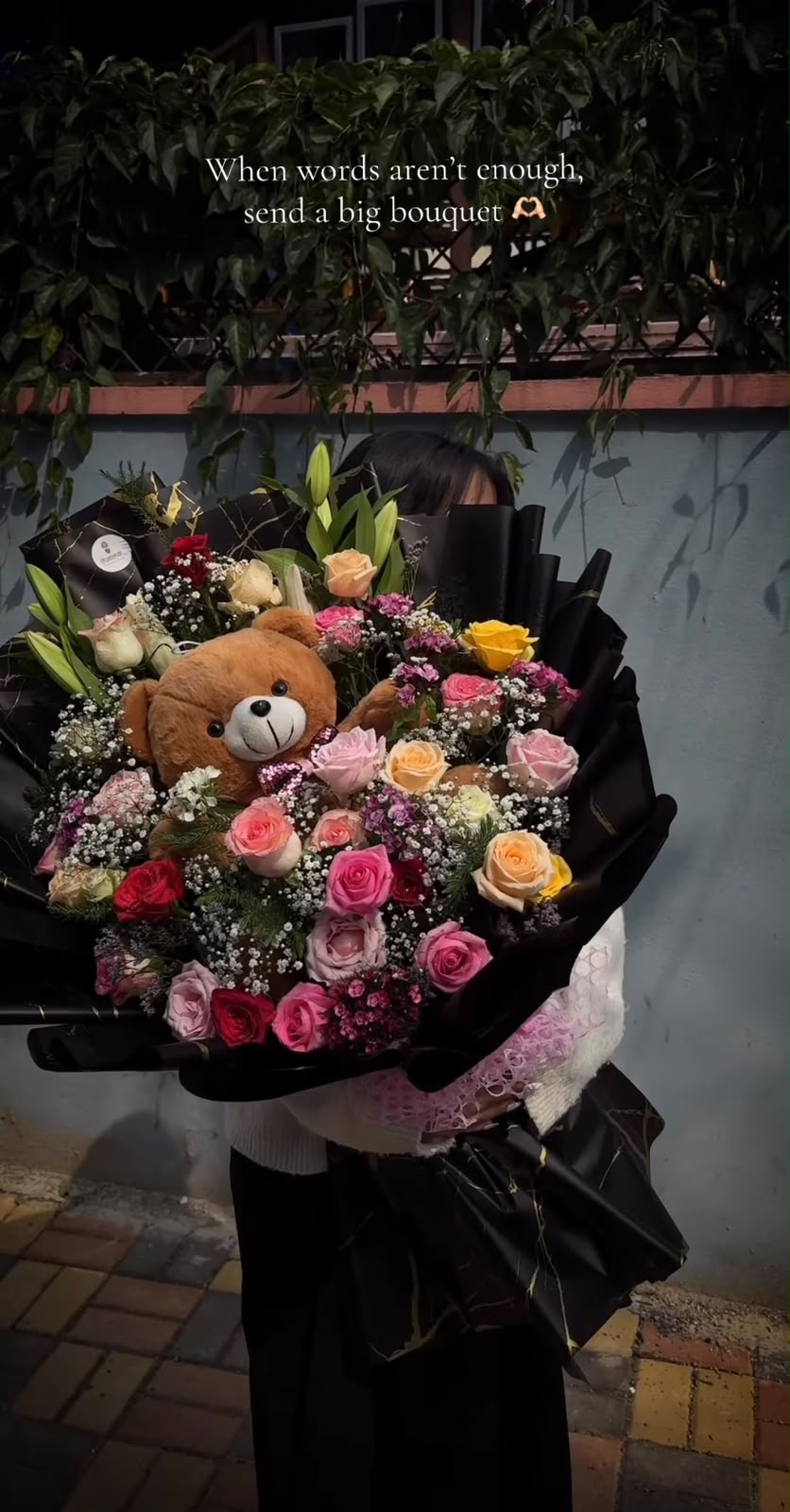 Flower colors and varieties may vary slightly depending on seasonal availability. Carnations may be replaced with similar premium flowers while maintaining the overall design, freshness, and quality of the arrangement. Teddy color may also vary based on availability.